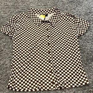 Button up top. It says size large but it fits like a S/M
